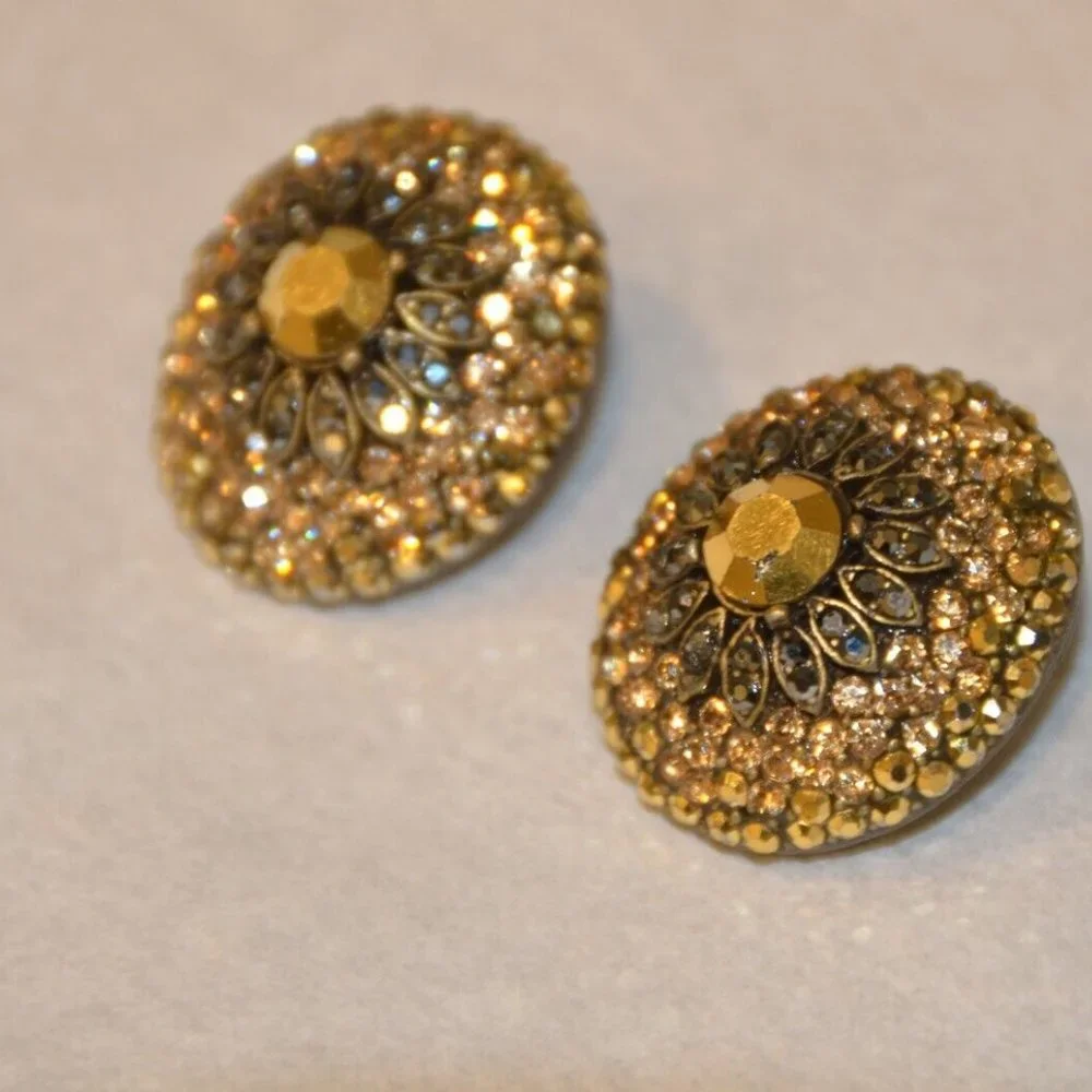 EVENING STATEMENT HOLIDAY JOSE & MARIA BARRERA BROWN GOLD OVAL CRYSTAL EARRINGS